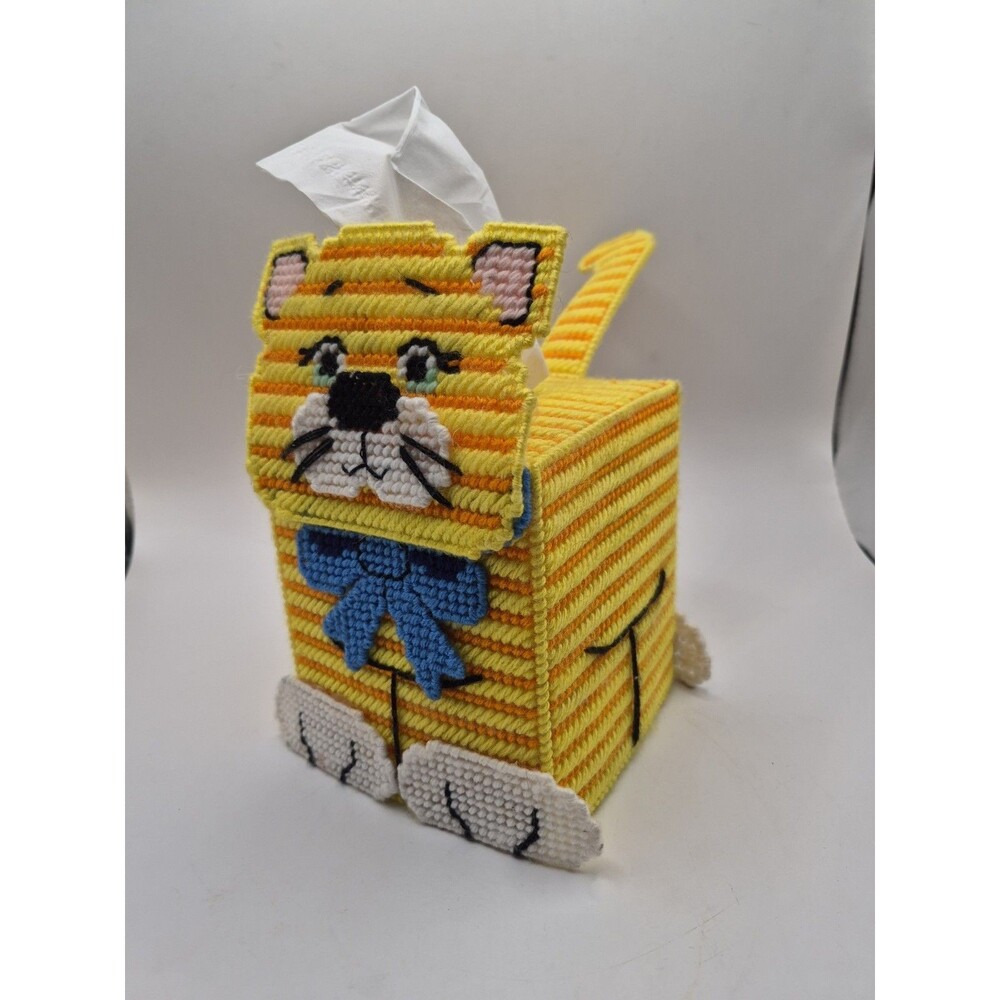 Vintage Handmade Yarn Square Tissue Box Cover Orange Tabby Cat Crafted Kitsch